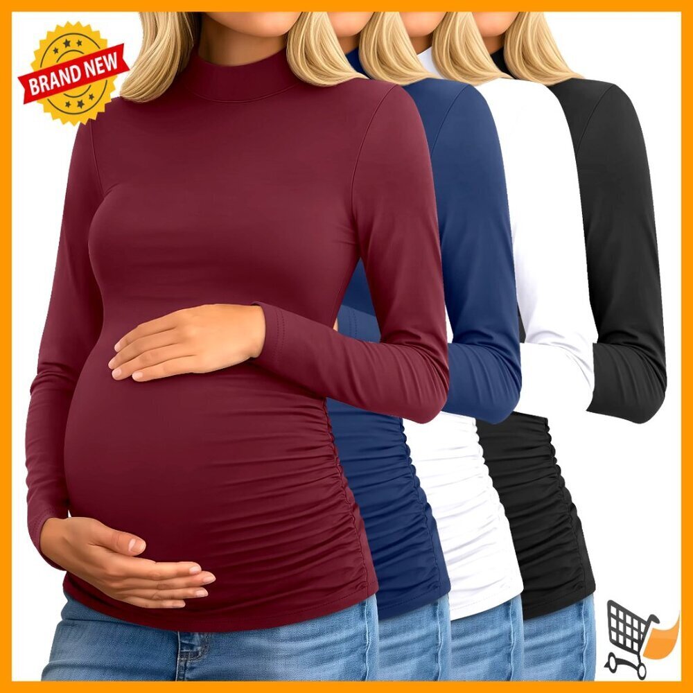 Maternity Turtleneck Tops Long Sleeve Ruched Sides Pregnancy Tees Soft Stretch